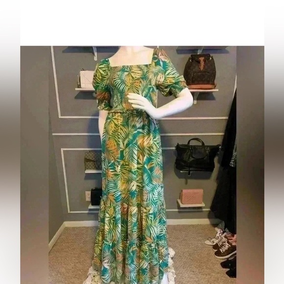 Betsey Johnson Palm Leaf Printed Maxi Dress Square Neck Puffed Sleeves Size S D8 - Picture 2 of 10